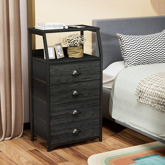 Furnulem Tall 4 Drawers Dresser, Vertical Storage Tower Black Dresser for Bedroom, Hallway, Entryway, Nursery, Closet Organizer, Nightstand Bedside Table Furniture, Sturdy Steel Frame, Wood Top