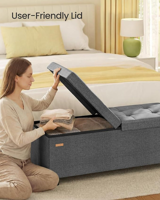 SONGMICS Storage Ottoman Bench with Legs, Folding Ottoman Foot Rest with Flipping Lid, Bench with Storage, for Living Room, Bedroom, Entryway, Linen-Look Fabric, 43.3 Inches, Slate Gray ULSF079GN01
