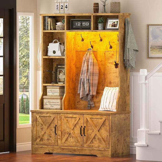 CSZZD Hall Tree with Bench and Shoe Storage, Farmhouse Entryway Bench with Coat Racks and Led Lights, Tall Hall Tree with 7 Coat Hooks, 6 Storage Cubbies, Adjustable Shelf, Rustic