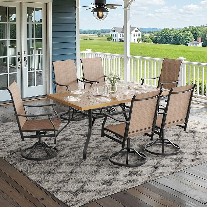 Soohow Outdoor Dining Set for 6, 7-Piece Patio Table and Chairs Set, 6 x Swivel Patio Dining Chairs and 60"x35" Wood-Like Outdoor Table with 1.57" Umbrella Hole for Backyard, Poolside