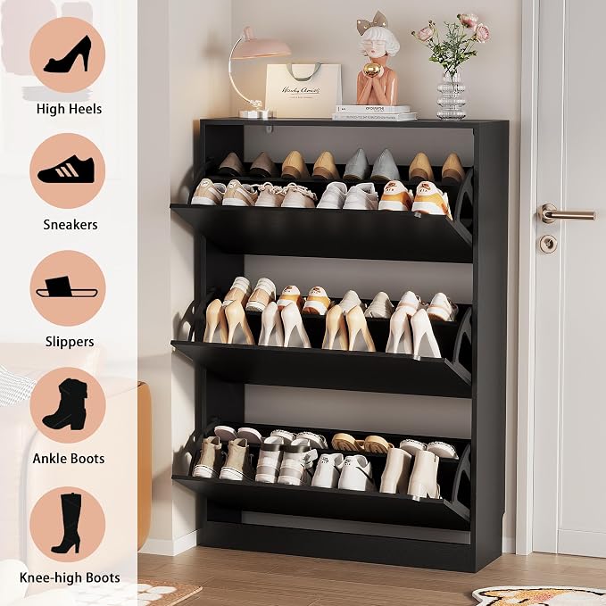 Shoe Storage Cabinet, Wood Shoe Organizer for Entryway with 3 Flip Drawers, Freestanding Shoe Rack with Adjustable Shelf, Narrow Shoe Dresser for Front Door Entrance (Black, 3 Drawers)