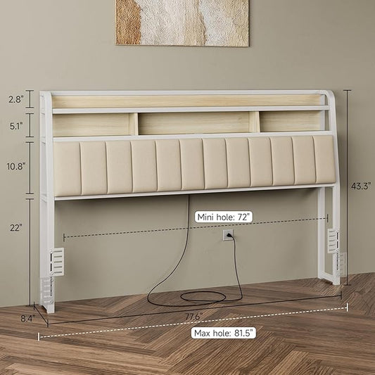 King Headboard Only with Storage, Upholstered Headboards for King Size Bed with LED Light, Charging Station, Height Adjustable, Sturdy and Stable Headboard, Off White