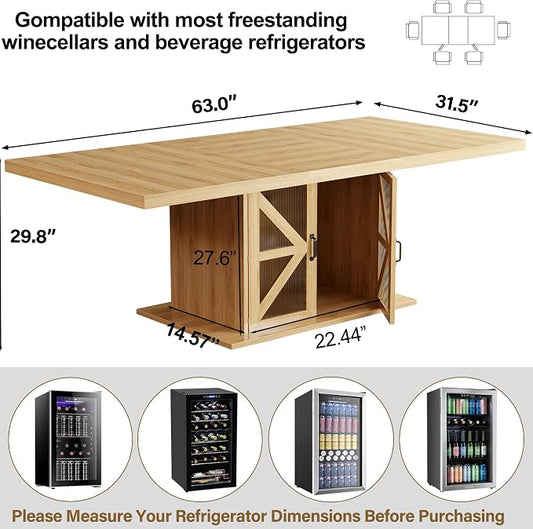 LVB Dining Table for 4-6, Modern Wood Dining Room Table, Farmhouse Rectangular Kitchen Table with Storage & Fridge Space, Large Rustic Eating Dinner Tables for Kitchen, Living Room, Oak, 63 Inch