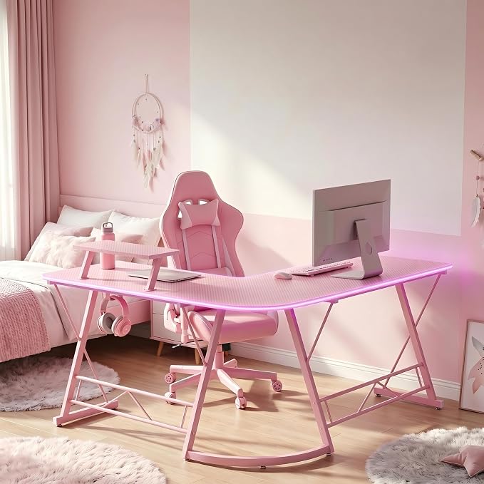 Mr IRONSTONE Gaming Desk with LED Lights, L Shaped Desk Corner with Cup Holder & Headphone Hook, Computer Desk Home Office Desks with Large Monitor Stand, Carbon Fiber Surface, Pink 51 Inch