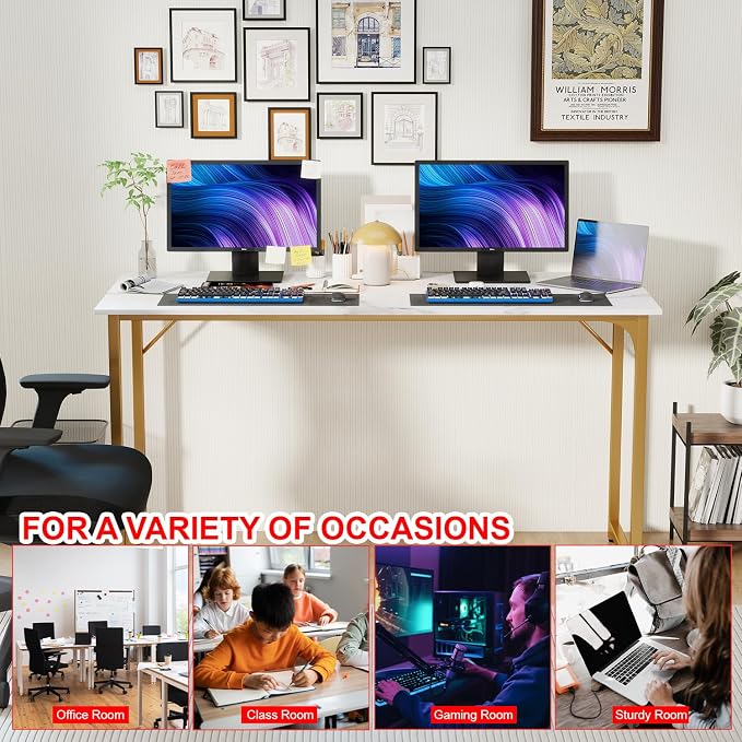 PayLessHere | 55 Inch Computer Desk | White Gold | Office Desk with Metal Frame, Adjustable Feet | Water-Resistant, Scratchproof Surface | Sturdy Writing Table for Home Office or Study | Pack of 1