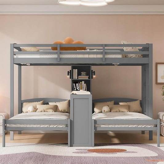 VilroCaz Twin Over Twin & Twin Bunk Bed with Built-in Desk and Storage Shelves, 3 Beds in 1 Design Solid Wood Triple Bunk Bed with Reading Lamp and Guardrails for Kids Teens Aldults (Gray-2.14)
