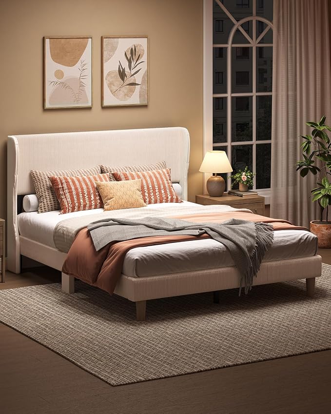 Bestier Queen Bed Frame with Wingback Headboard,Upholstered,Beige | Easy Assembly,Wingback Headboard,No Squeaks,Vertical Channel Corduroy Upholstered,Wooden Slats Support,No Box Spring Needed