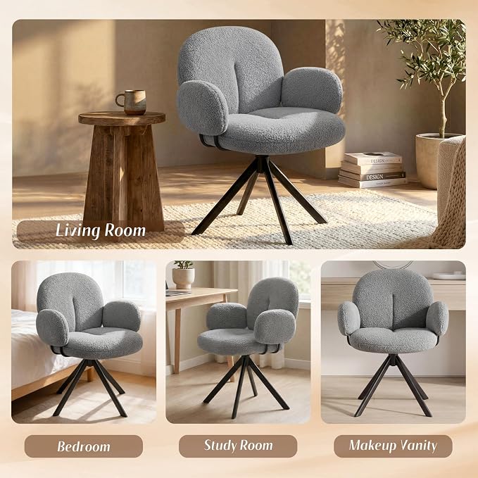 Cute Desk Chair No Wheels Set of 2, 360° Swivel Accent Chairs with Arms, Modern Upholstered Dining Room Chairs with Tufted Cushion, Accent Chairs for Home Office/Bedroom/Kitchen, Teddy Sherpa, Grey