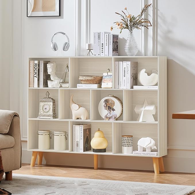 LEYAOYAO 10 Cube Bookshelf, 3 Tier Vintage 55" Wide Bookcase with Legs, Mid-Century Bookshelves Storage, Light Grey White Large Book Case, Freestanding Organizer Display Shelf for Living Room, Office