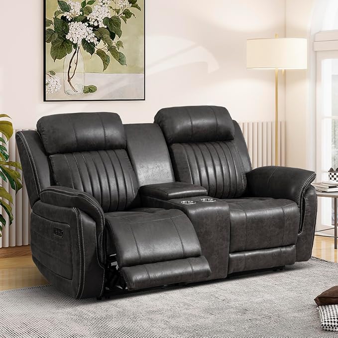 Power Loveseat Recliner Sofa with Zero Gravity, Adjustable Headrest, Power Reclining Loveseat with Console, Dual Ports, Electric Reclining Couch for Living Room (Charcoal, Loveseat)