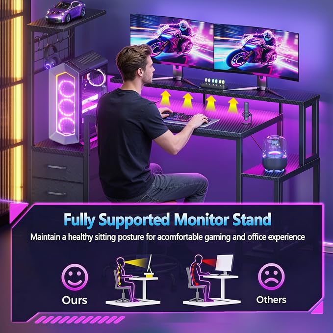 Korfile 48 Inch Gaming Desk with LED Lights & Power Outlets,Computer Desk with Fabric Drawers & Side Hook,Reversible Gamer Table with Monitor Stand for Game Room,Home Office,Carbon Fiber Black