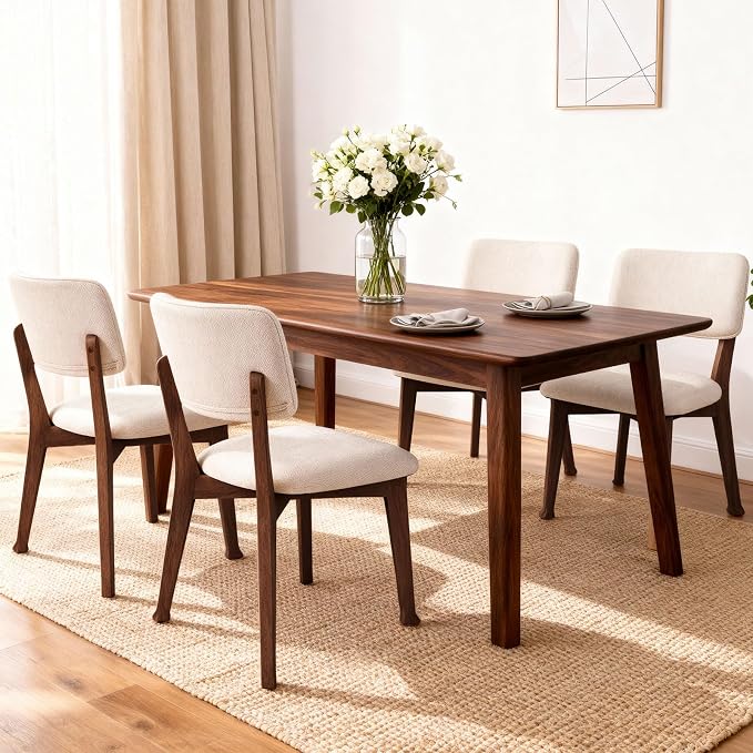 Wooden Dining Chairs Set of 6, Mid Century Modern Kitchen Chairs with Fabric Upholstered and Curved Backrest for Dining Room, Restaurant/Cafe, 300LBS Capacity, Walnut