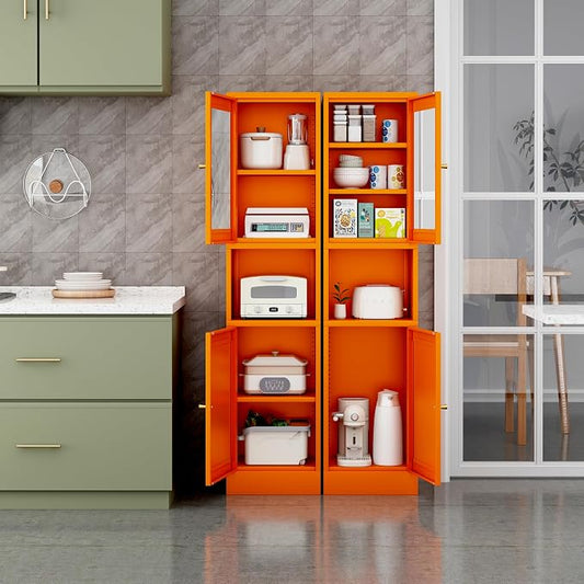 67" Tall Metal Pantry Cabinet with Microwave Stand,Microwave Storage Cabinet with 2 Doors & 3 Adjustable Shelves for Kitchen (2 Glass Doors-Orange, 11.81" D x 15.75" W x 66.93" H)