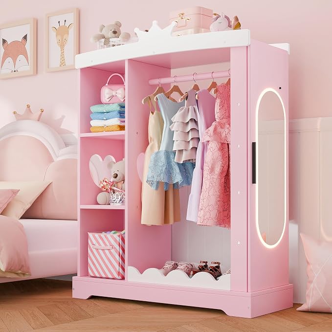 Xilingol Kids Armoire with Jewelry Cabinet, Dress up Storage with Mirror and Shelves, Princess Dress Closet and Costumes Wardrobe Closet, Costume Organizer for Bedroom, Kids Room, Girls (Pink)
