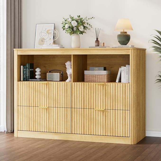 St.Mandyu Changing Dresser, 4 Large Drawers Wood Baby Nursery Dresser with Raised and Detachable Changing Table Top, Fluted Chest with Gold Handles, Large Storage Organizer for Nursery Room,Natural