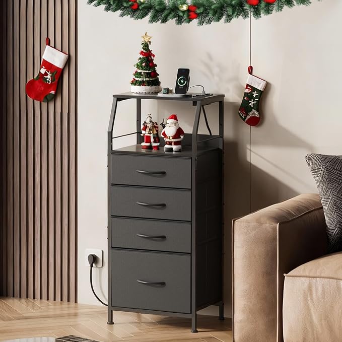 WLIVE Night Stand with Charger Station, LED Nightstand with 4 Fabric Drawers and Storage Shelf, Tall Dresser for Bedroom, 37.48" H Bedside Table with 3 USB Ports and Outlets, Black