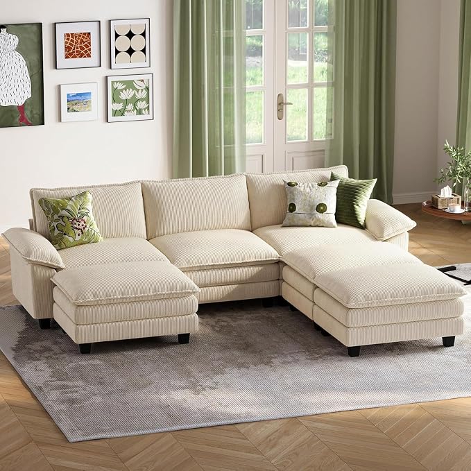LINSY HOME 123'' Modular Sectional Sofa 3 Seat Couch Corduroy Cloud Couch with Deep Seat, Modern Cloud Couch with 3 Movable Ottoman for Living Room, Office, Bedroom, Beige