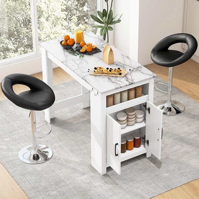 COSTWAY Bar Table, Modern Faux Marble Breakfast Table with 7 Hanging Hooks, Open Compartment, Storage Cabinet & Adjustable Shelf, Counter Height Dining Table for Kitchen, Dining Room, Living Room