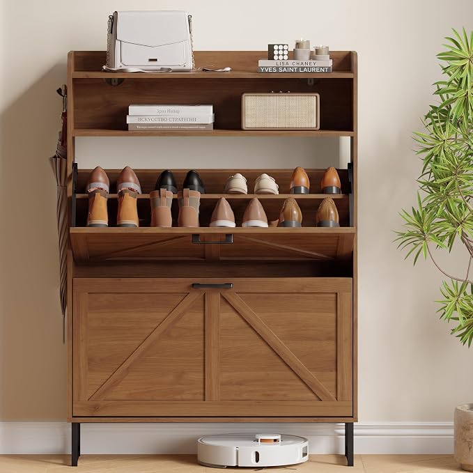Shoe Cabinet with 2 Flip Drawers, Freestanding Hidden Shoe Storage Organizer for Entryway, Narrow Slim Shoe Rack Cabinet with Open Storage & Hooks for Front Door Entrance, Living Room, Hallway, Walnut