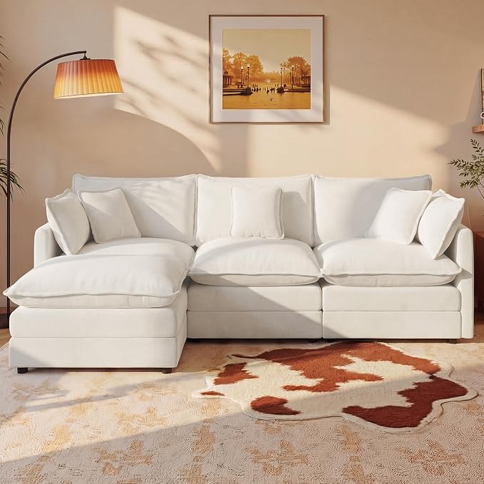 111.5" Modular Sectional Sofa, Large L Shaped Sectionals Cloud Couch, Big Comfy 3-Seat Couch with Ottoman, 4 Seater Chenille Sectional Sofa with Deep Seat and 5 Pillows for Living Room- Beige