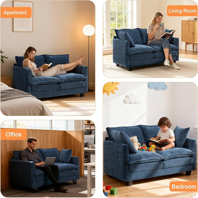 50'' Loveseat Sofa Cloud Sofa Couch, Modern Loveseats 2 Seat Couch 27" Deep Seat with 2 Pillows for Small Spaces Apartment Studio Office Bedroom Living Room, Blue