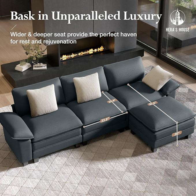 HERA'S HOUSE 124" Oversized Modular Sectional Sofa, Comfy U Shaped Couches for Living Room, Cloud Couch with Ottoman, 5-Seater Deep Seat Sofa with Throw Pillow, Chenille Blue
