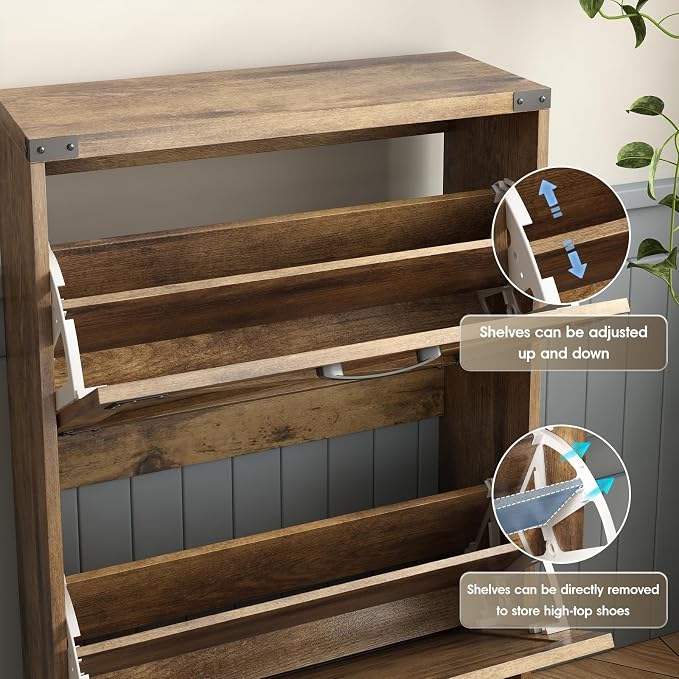 Maupvit 24" W Farmhouse Shoe Cabinet Storage for Entryway, Freestanding Organizer with 2 Flip Drawers, Narrow Shoe Rack Cabinet with Metal Corner Decoration, Rustic Brown