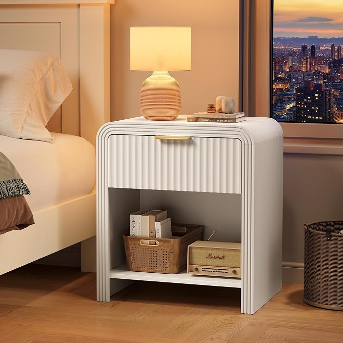 Decofy Fluted Nightstand with Charging Station, Modern Bedroom Side Table with Gold Handles, Curved Profile Design, End Table Wood Organizer for Bedroom, Open Shelf & 1 Drawers (1 Pack, Pure White)