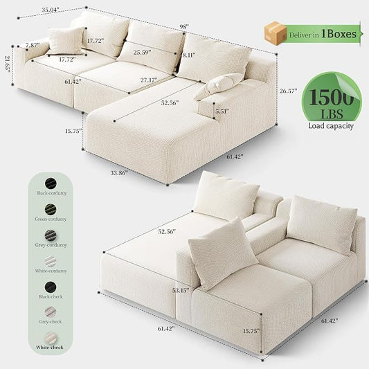 Homkdom 98" Boneless Modular Sectional Sofa, Cloud Couch with 27" Deep Seat & Oversized Chaise, L-Shaped High-Density Foam Sofa for Living Room, No Assembly Required (White-Check, Right Facing)