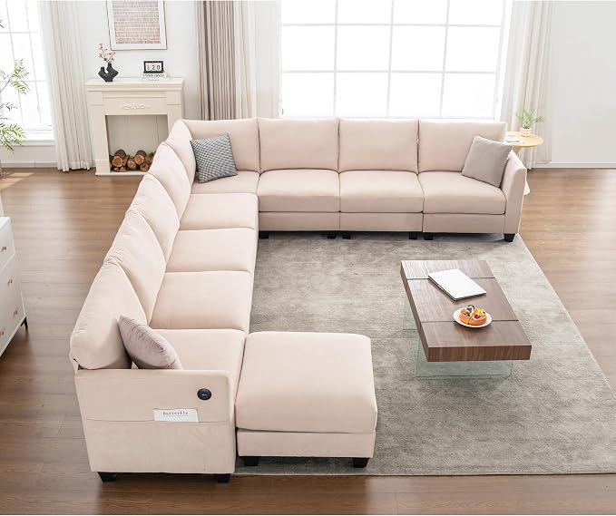 150.4" Large Sectional Couches for Living Room, 8 Seater L Shaped Modular Sectional Sofa with Storage Ottoman & USB, Oversized Corner Couch for Living Room(Beige)
