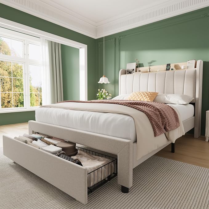 Garvee Upholstered Bed Frame Twin Size with Storage Headboard and Charging Station, Platform Bed Frame with Drawers, Heavy Duty, No Box Spring Needed, Easy Assembly, Beige