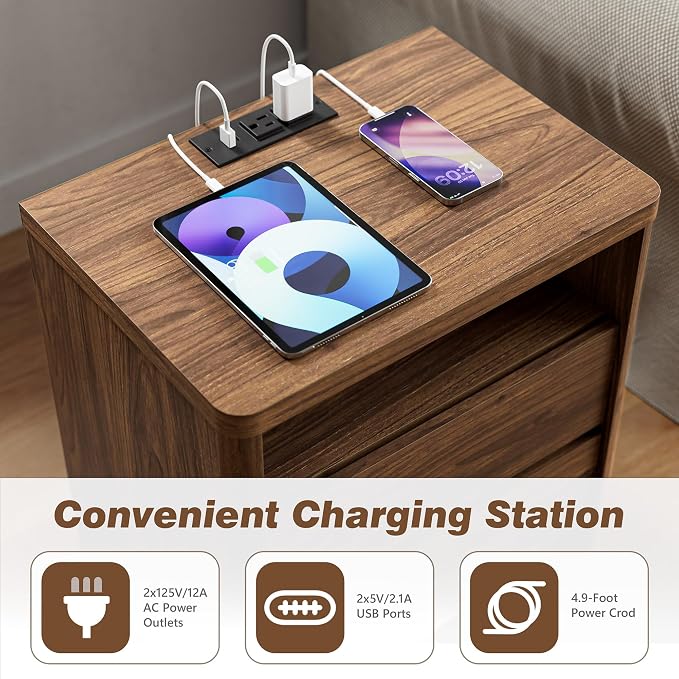 3 Pieces of Dresser and Nightstand Set,47.2 Inch Width 6-Drawer Dresser & 2-Drawer Nightstands Set of 2,Nightstand with USB&Type C Charging Station&Outlets, Modern Design for Bedroom, Walnut