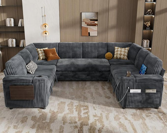 WEUP 111" Modular Sectional Sleeper Sofa with Pull Out Bed, 8 Seat Plush Corduroy U Shaped Couch with USB Ports|Cup Holders|Side Table|Storage Chaise Armrests Tool Free Assembly, Grey