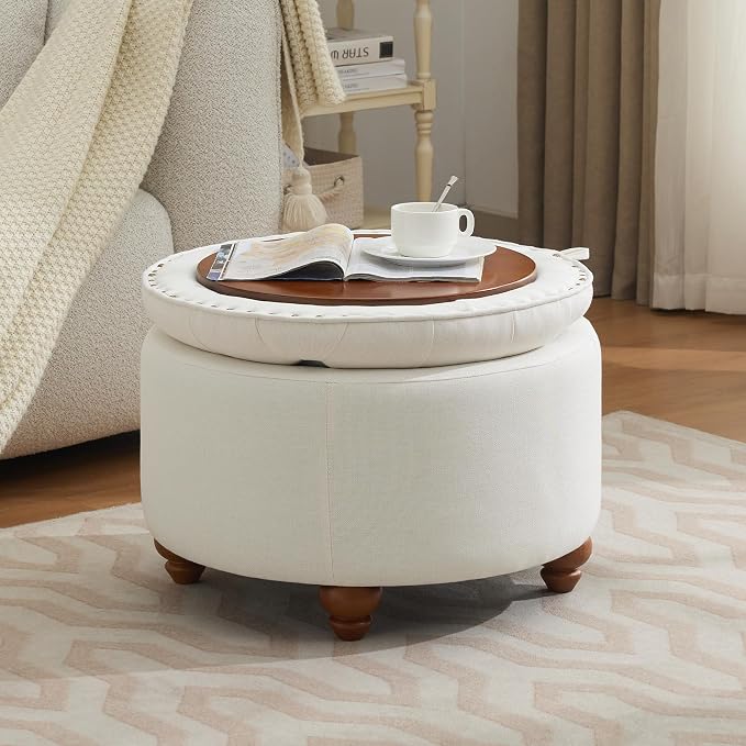 WUTUTUEE 24Inch Round Storage Ottoman with Tray, Modern Tufted Fabric Circle Coffee Table with Storage, Upholstered Ottoman with Removable Top for Living Room, Bedroom, Beige