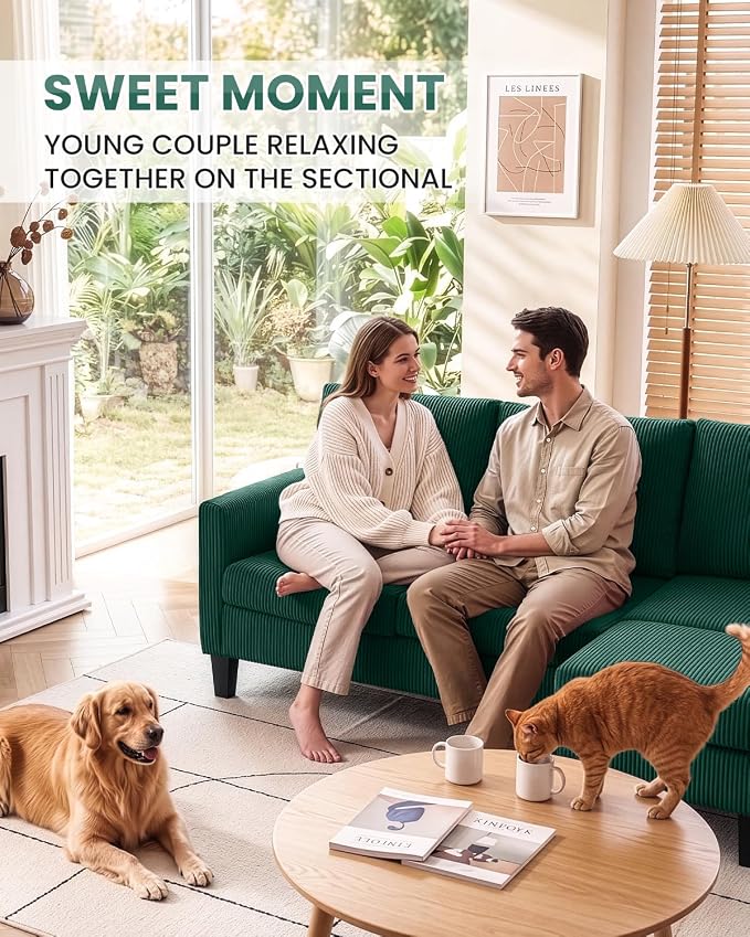 Karl home 67" Small Sectional Couch L Shaped Sofa, Green | Movable Storage Ottoman, Corduroy Upholstered, Sofa Chaise, Side Pockets 5.9" Sofa Legs for Living Room, Apartment, Studio