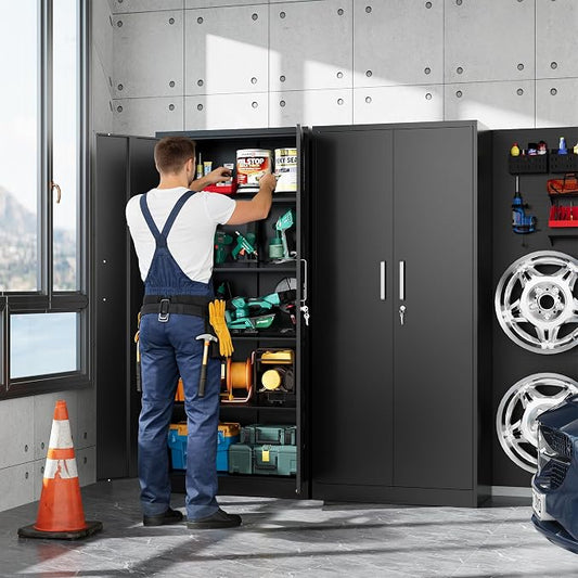 Metal Garage Storage Cabinet with Doors and Adjustable Shelves, 71" Tall Locker Organizer Steel Garage Cabinets, Lockable File Cabinet for Home, Office, Warehouse, Tools