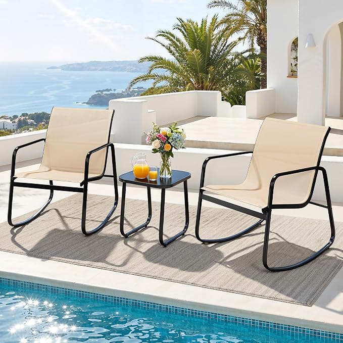 DWVO 3 Piece Patio Furniture Set, Durable Textilene Patio Set with Rocking Chairs Set of 2 & Tempered Glass Table for Garden, Balcony & Poolside, Brown