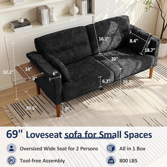 Vipbear 69" Loveseat Sofa,Modern Couches for Small Spaces,Black Chenille Love Seat Couch for Living Room,Bedroom,Apartment,Office,Deep Seat,Armrest Tabletop,Throw Pillow