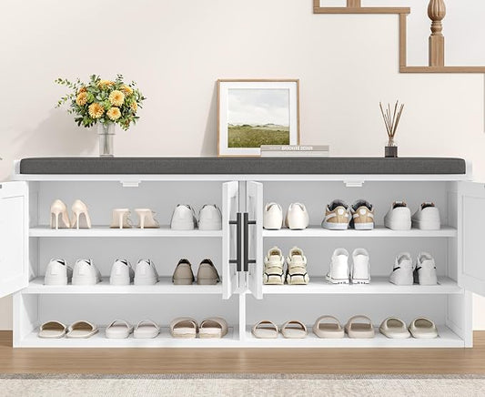 Farmhouse Shoe Storage Bench with Cushion, 47.2" Wide Entryway Bench with Adjustable Shelves and Open Bottom Shelf, Hidden Shoe Cabinet Storage for Entryway, Hallway, Bedroom White