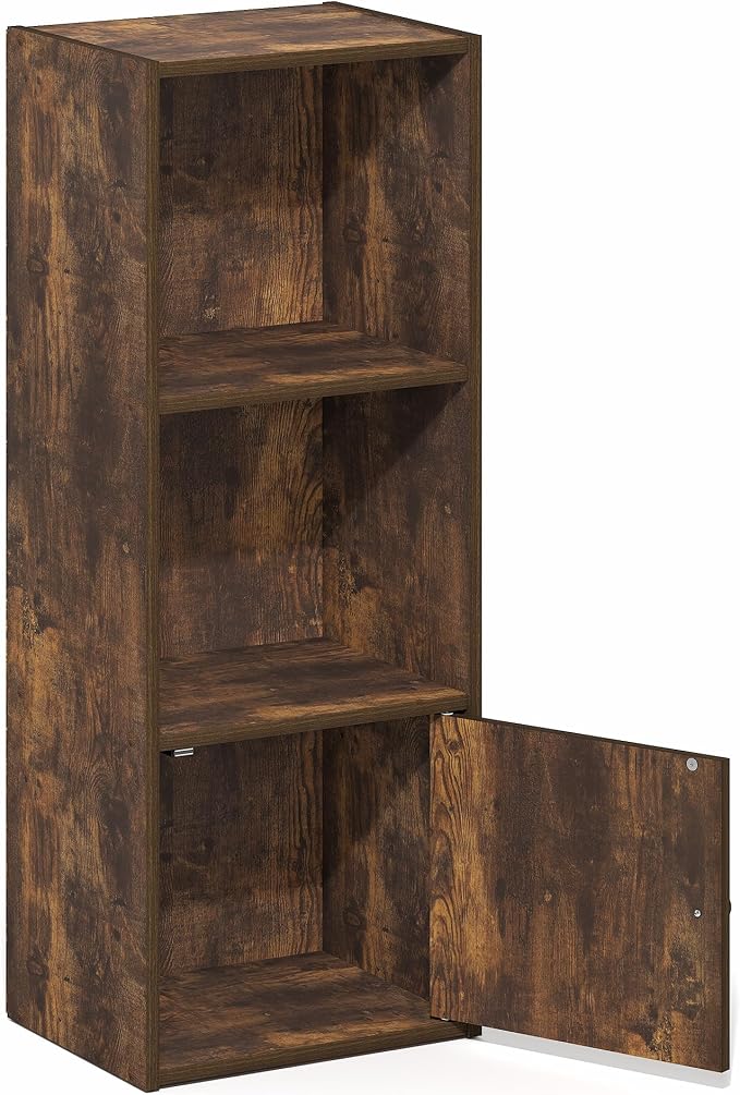 Furinno LUDER Book Shelf, 3-Tier Bookshelf with Open Shelf, Standing Bookcase with 1 Door Cabinet, 9.3 x 12 x 31.5, for Organization and Storage, for Living Room, Bedroom, Home Office, Amber Pine