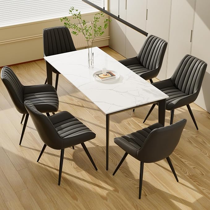 Mid Century Modern Dining Chairs Set of 6, Soft Cushion Upholstered Fabric Kitchen Chairs, Black