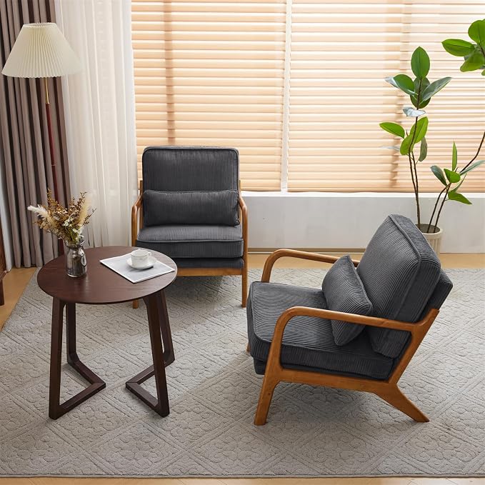 VINGLI Upgraded Premium Corduroy Accent Chairs Set of 2,Upholstered Arm Chair,Solid Wood Comfy Reading Chair with Lumbar Pillow, Mid Century Modern Chairs for Living Room,Bedroom,Dark Grey