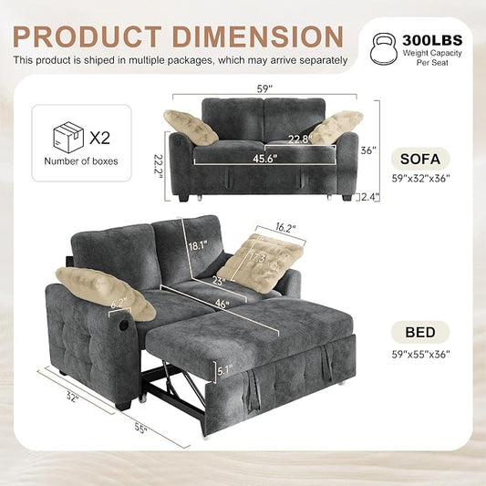 Hanherry 59" Loveseat Couch with Pull Out Sofa Bed, Chenille 2-in-1 Convertible 2 Seater Sleeper Sofa with USB Charging,Comfy Love Seat for Small Spaces Living Room Apartment