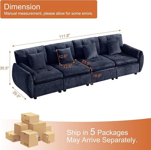 112" Oversized Modular Cloud Sofa, Deep Seat Tufted Chenille 4-Seater Sectional Couch with Curved Arms, Comfy Sofas for Living Room, Blue