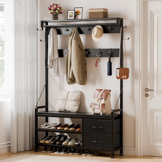 Lulive Hall Tree with Bench and Shoe Storage, 39.4” Entryway Bench with Coat Rack freestanding, 5 in 1 Entryway Furniture Organizer Large Coat and Shoe Rack with 21 Hooks and Drawers, Black