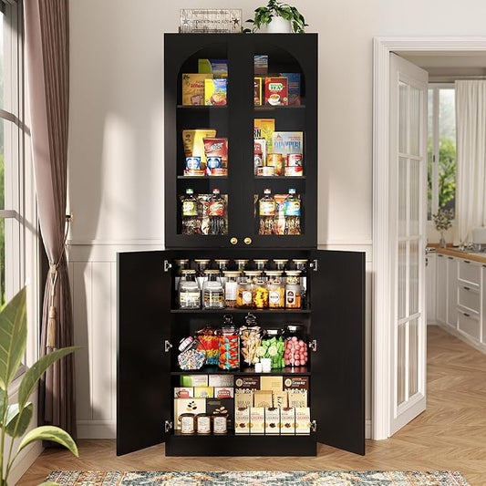 Cyclysio 80" Kitchen Pantry, Tall Arch Storage Cabinet with Tempered Glass & Soft Close Doors, Freestanding Wood Floor Cupboard Bookcase with Seamless Fit Wall for Dining Room, Living Room, Bathroom