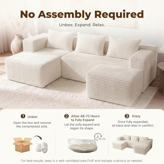 Modular Sectional U-Shaped Sofa with Deep Seat, Modern Boneless Comfy Corduroy Fluffy Couch with Side Pockets and Anti-Slip & Floor-Friendly Bottom for Living Room, No Assembly, White