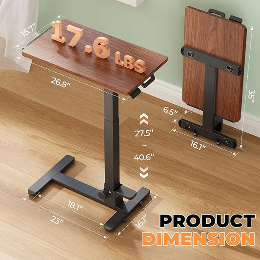 Foldable Mobile Standing Desk, 27 Inch Small Rolling Laptop Cart Height Adjustment, 90° Tiltable Bedside Table, No Assembly Needed Portable Computer Workstation, Dark Wood