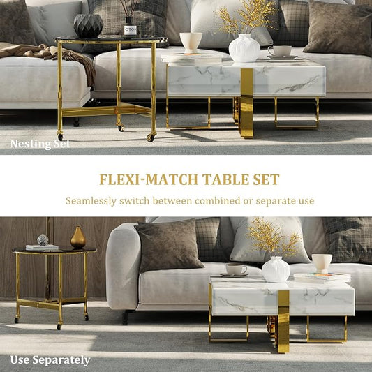 White Faux Marble Coffee Table Set with End Table, Luxurious Gold Coffee Tables 2 in 1, Nesting Coffee Table Set for Living Room Apartment