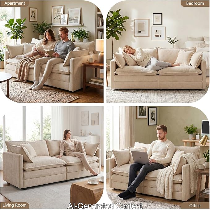 GNIXUU 76" Modular Sectional Sofa, Camel Loveseat Sofa Cloud 2 Seater Couch, Comfy Chenille Love Seats 25" Deep Seat with 2 Pillows for Small Spaces Apartment Studio Office Bedroom Living Room